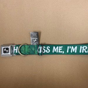 Dog Collar Seatbelt Buckle Kiss Me I'm Irish Clovers Green White 16 to 23 Inches